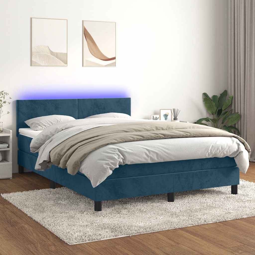 Boxspring met matras en LED fluweel donkerblauw 140x190 cm – afbeelding 1