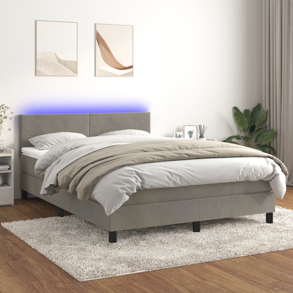 Boxspring met matras en LED fluweel lichtgrijs 140x200 cm – afbeelding 1
