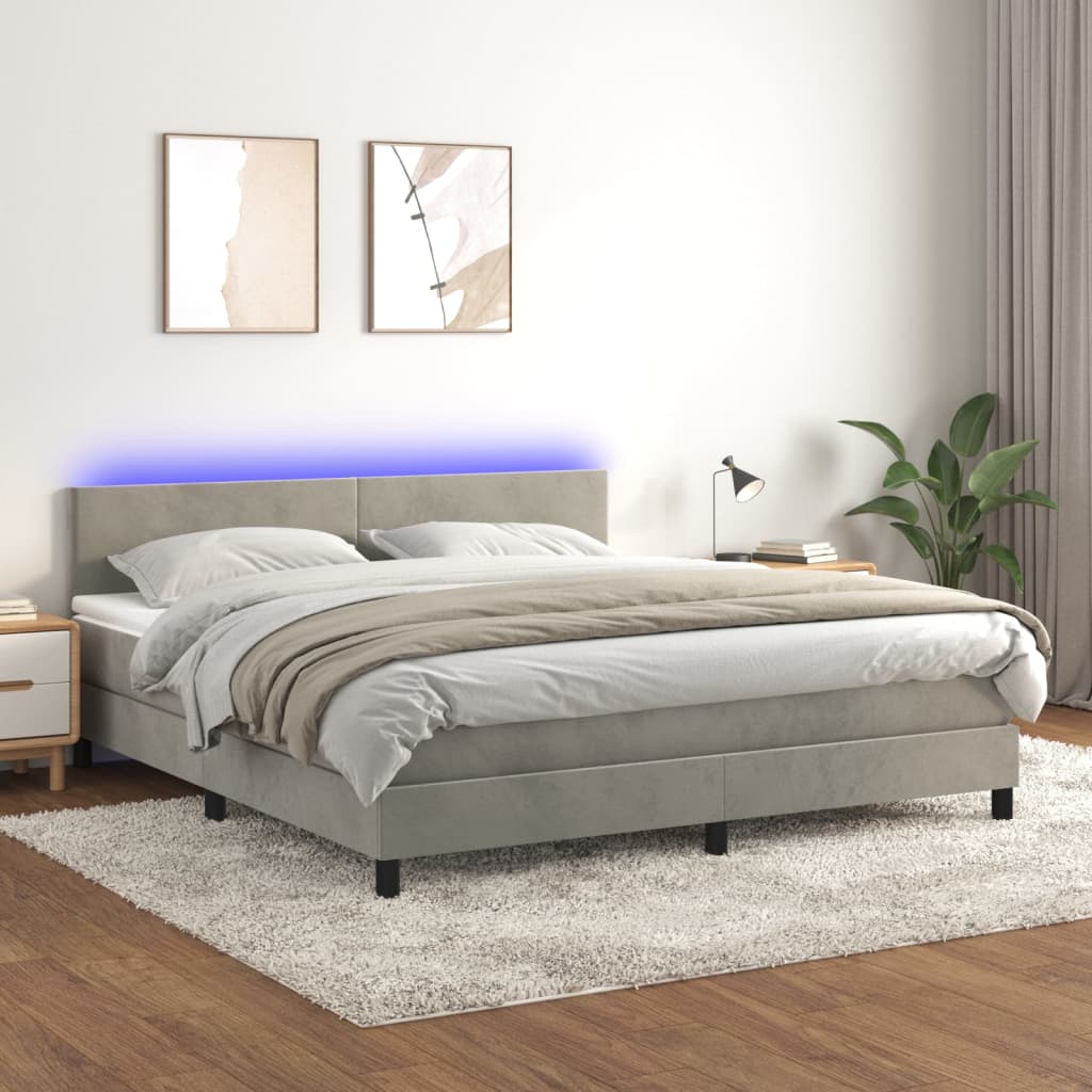 Boxspring met matras en LED fluweel lichtgrijs 180x200 cm – afbeelding 1