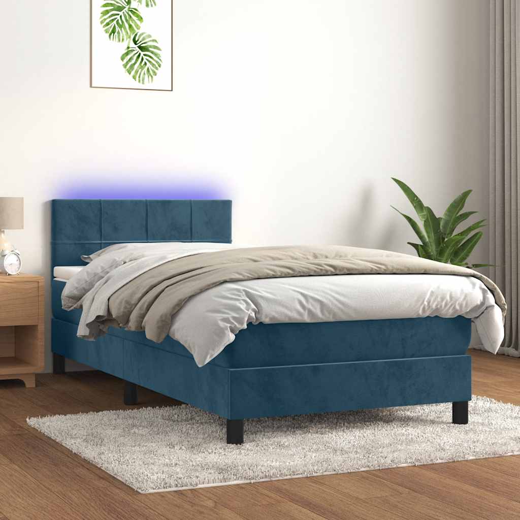 Boxspring met matras en LED fluweel donkerblauw 90x200 cm – afbeelding 1