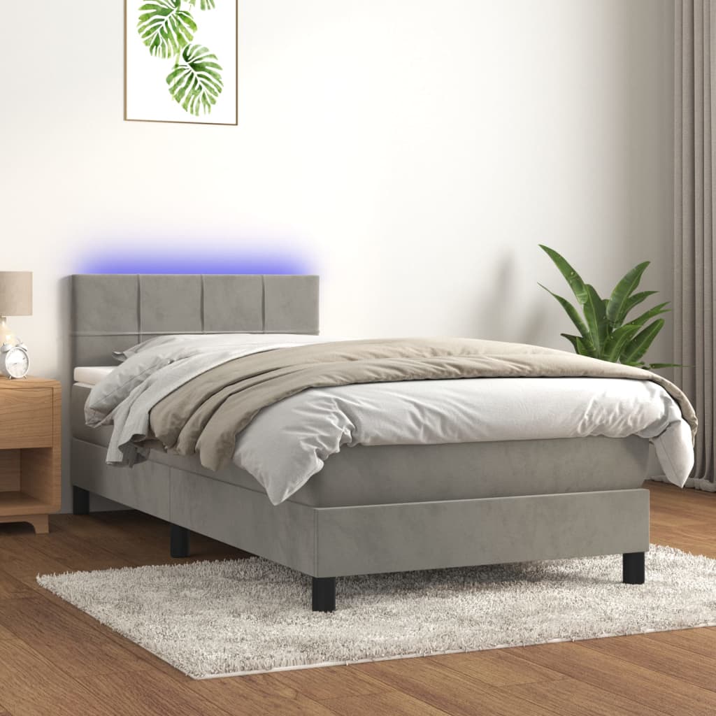 Boxspring met matras en LED fluweel lichtgrijs 100x200 cm – afbeelding 1