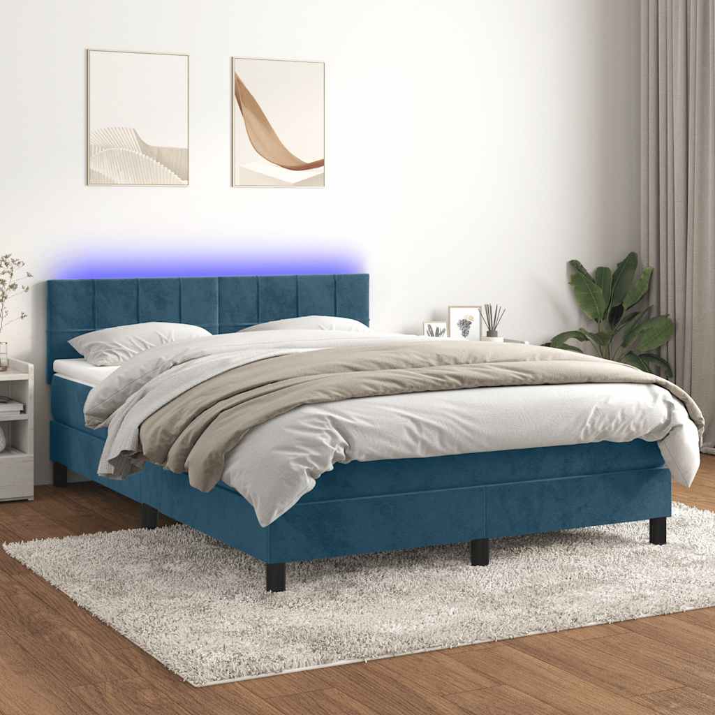Boxspring met matras en LED fluweel donkerblauw 140x190 cm – afbeelding 1