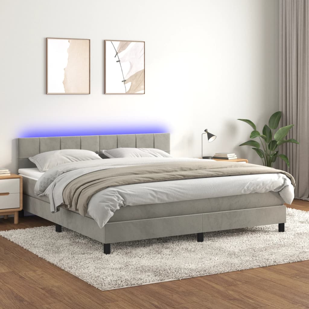 Boxspring met matras en LED fluweel lichtgrijs 160x200 cm – afbeelding 1