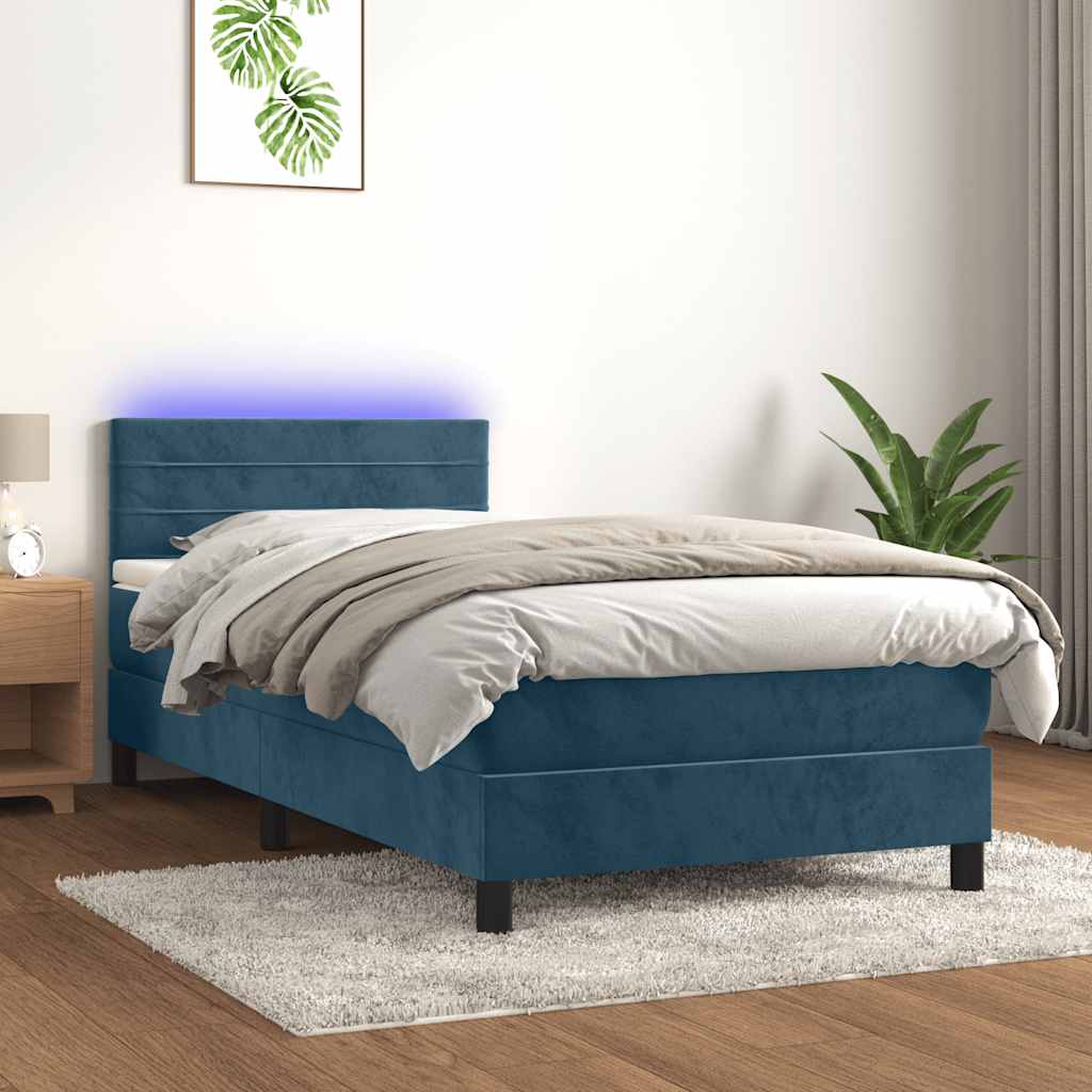 Boxspring met matras en LED fluweel donkerblauw 90x190 cm – afbeelding 1
