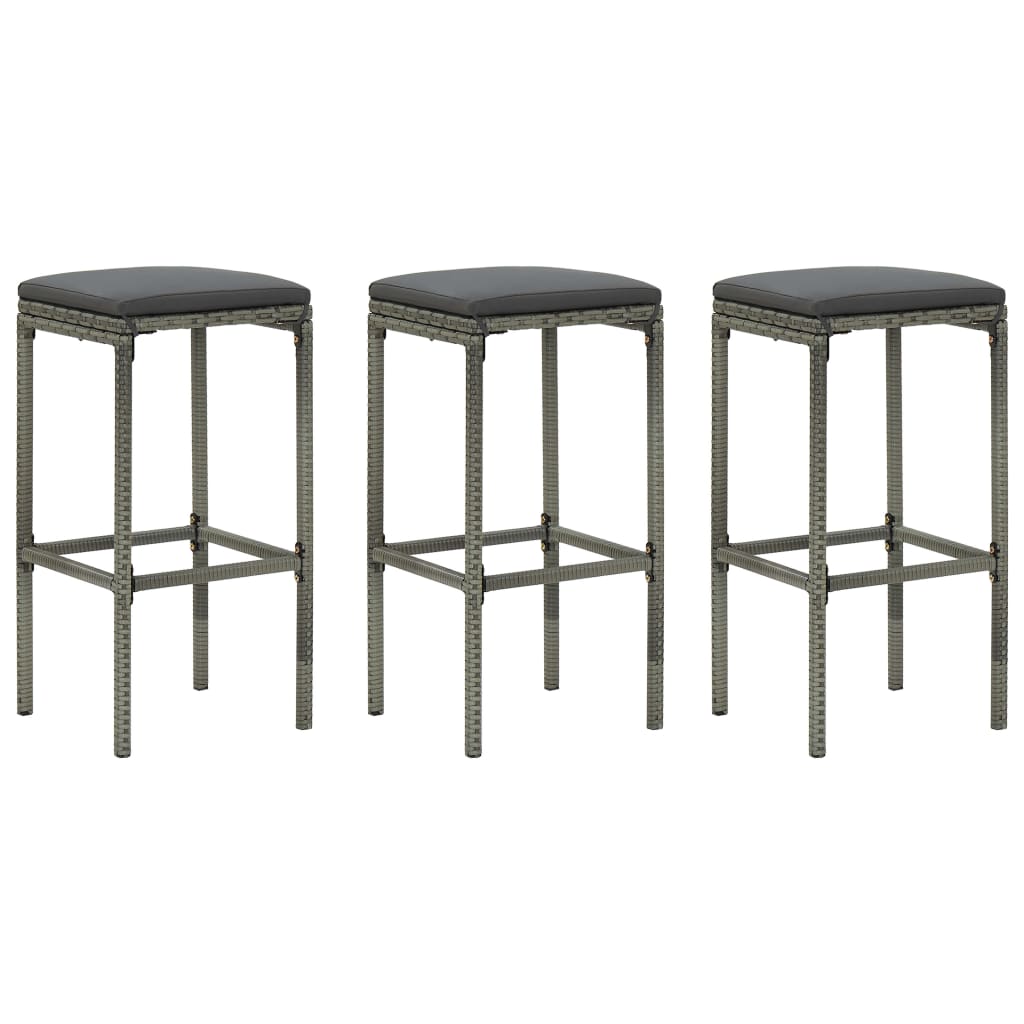 Barkrukken met kussens 3 st poly rattan grijs