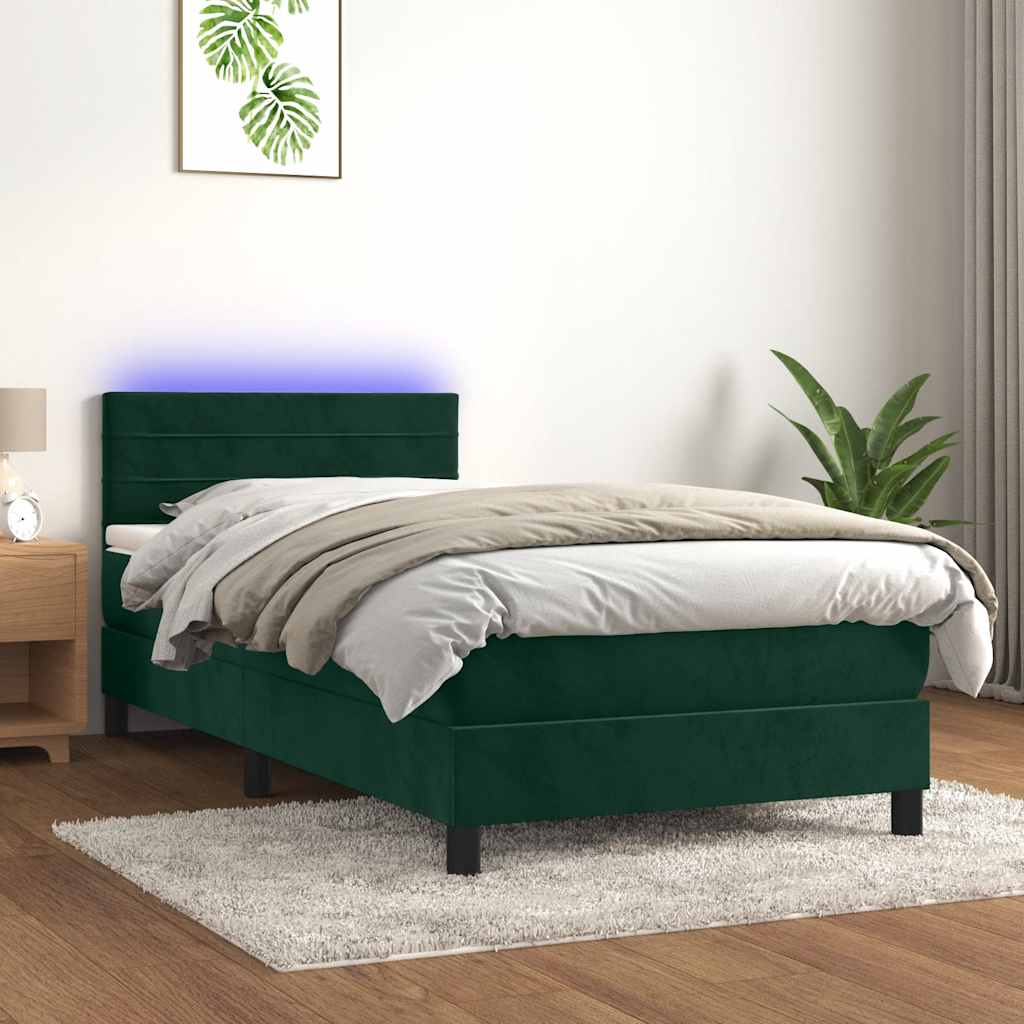 Boxspring met matras en LED fluweel donkergroen 100x200 cm – afbeelding 1