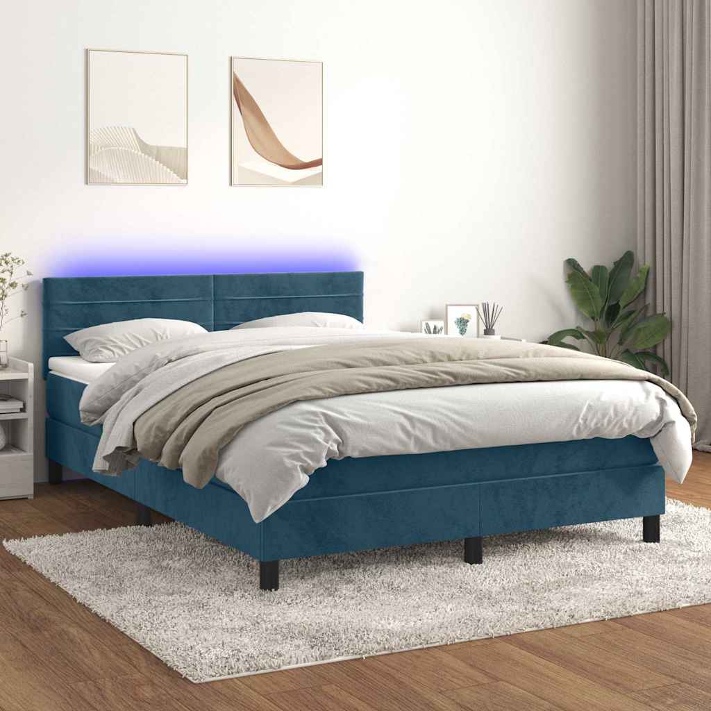 Boxspring met matras en LED fluweel donkerblauw 140x190 cm – afbeelding 1