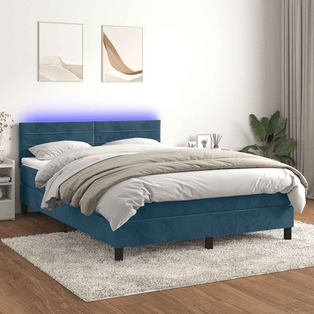 Boxspring met matras en LED fluweel donkerblauw 140x200 cm – afbeelding 1