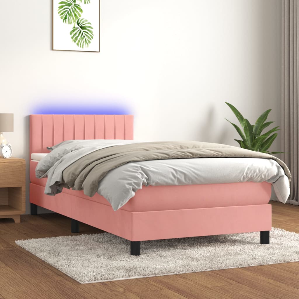 Boxspring met matras en LED fluweel roze 90x190 cm – afbeelding 1