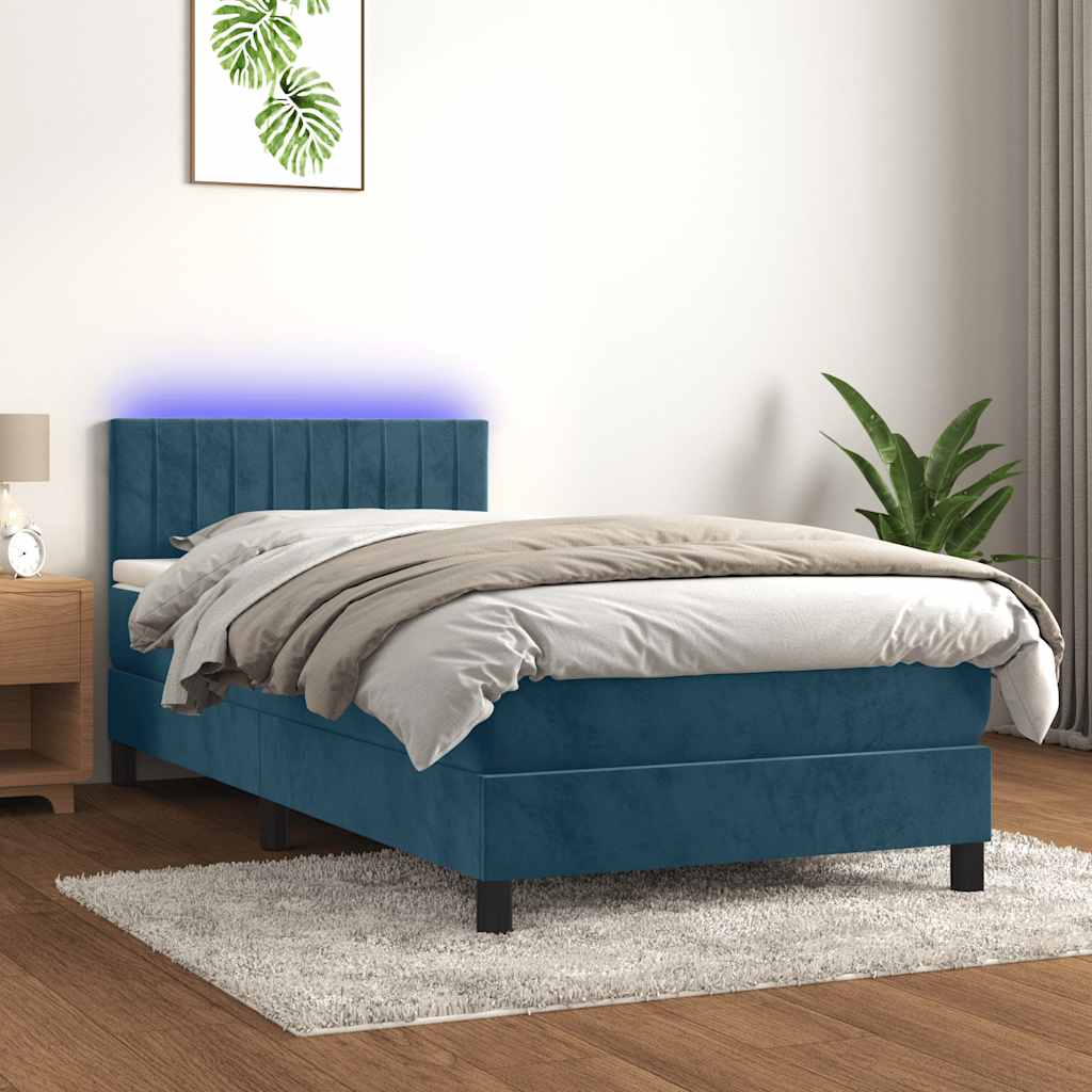 Boxspring met matras en LED fluweel donkerblauw 90x200 cm – afbeelding 1