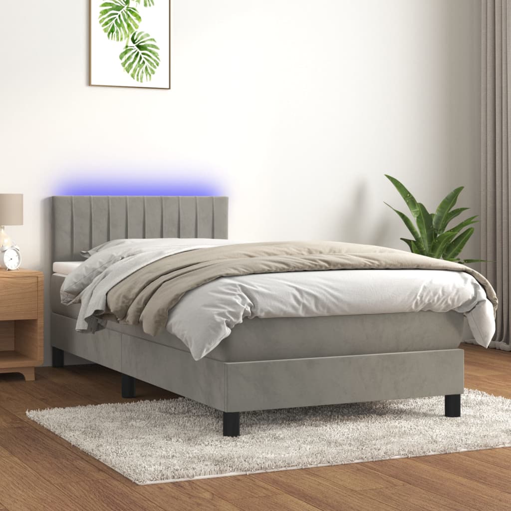 Boxspring met matras en LED fluweel lichtgrijs 100x200 cm – afbeelding 1