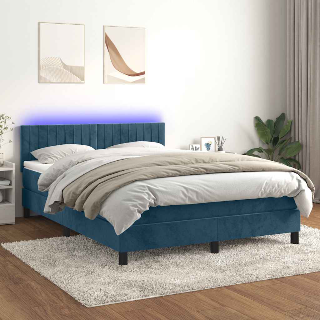 Boxspring met matras en LED fluweel donkerblauw 140x190 cm – afbeelding 1