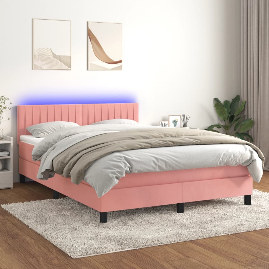 Boxspring met matras en LED fluweel roze 140x190 cm – afbeelding 1