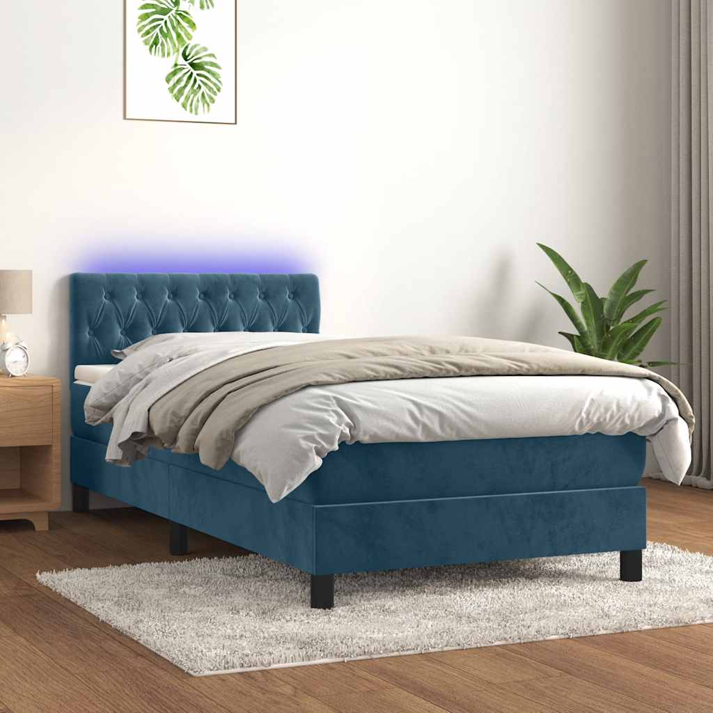 Boxspring met matras en LED fluweel donkerblauw 90x200 cm – afbeelding 1