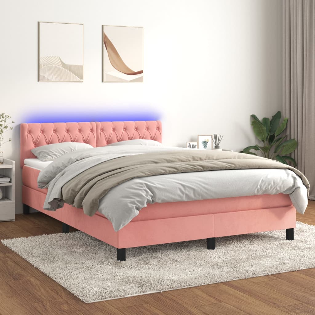 Boxspring met matras en LED fluweel roze 140x200 cm – afbeelding 1