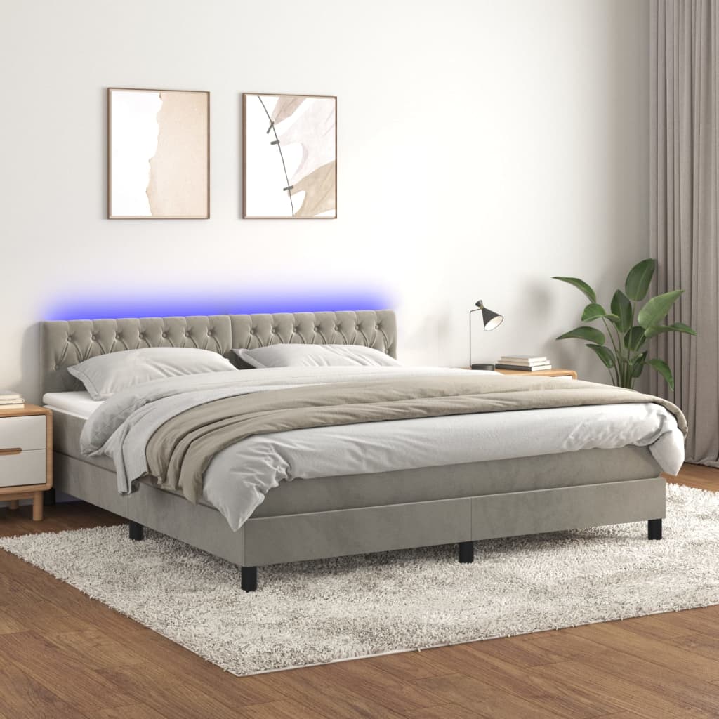 Boxspring met matras en LED fluweel lichtgrijs 160x200 cm – afbeelding 1