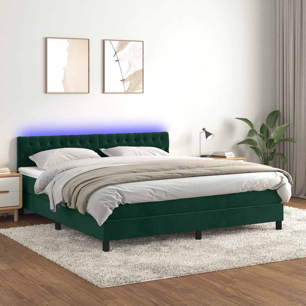 Boxspring met matras en LED fluweel donkergroen 160x200 cm – afbeelding 1