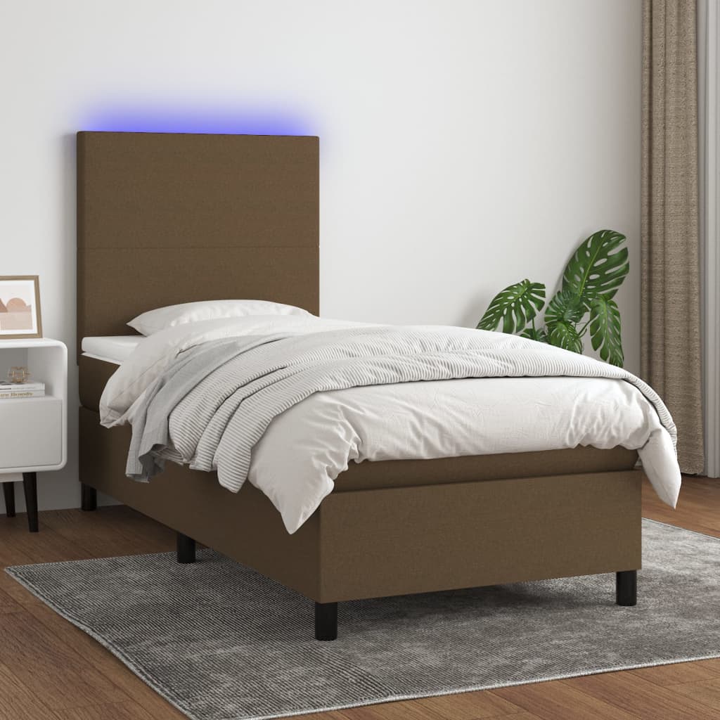 Boxspring met matras en LED stof donkerbruin 90x190 cm – afbeelding 1
