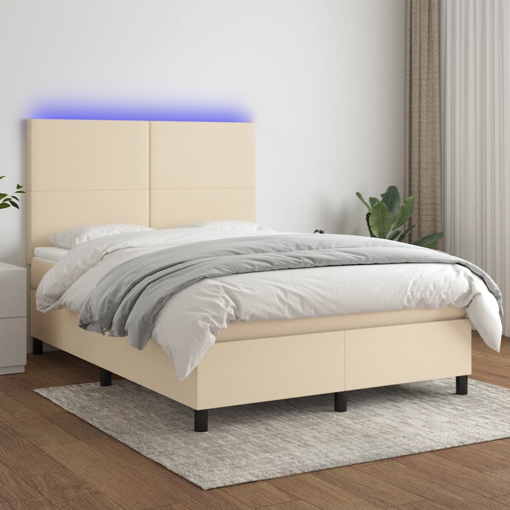 Boxspring met matras en LED stof crèmekleurig 140x200 cm – afbeelding 1