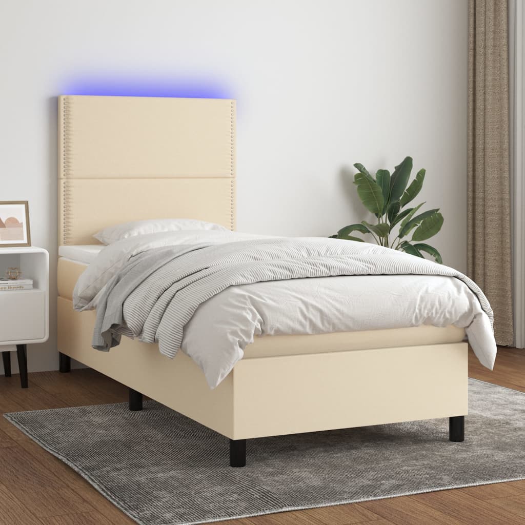 Boxspring met matras en LED stof crèmekleurig 100x200 cm – afbeelding 1