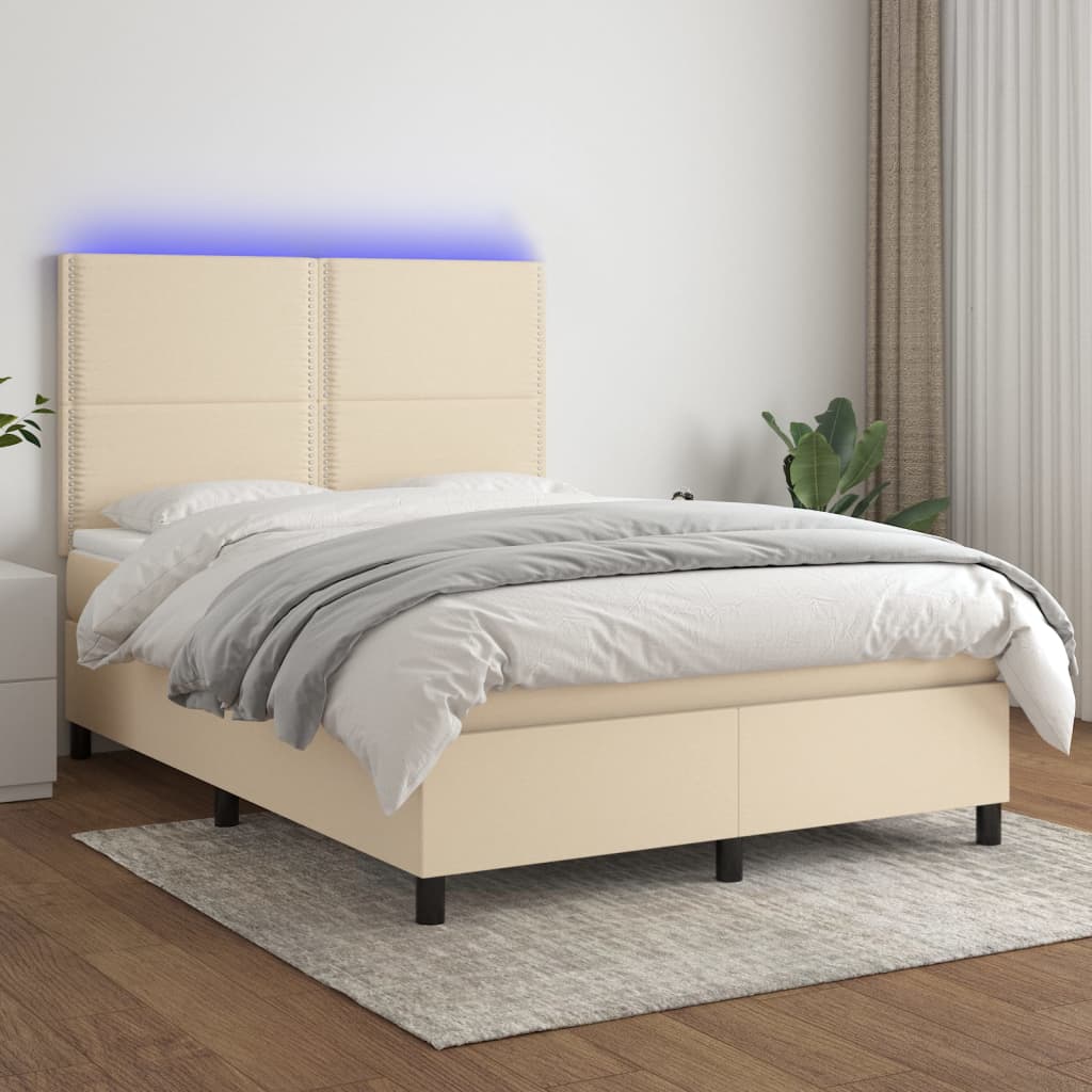 Boxspring met matras en LED stof crèmekleurig 140x200 cm – afbeelding 1