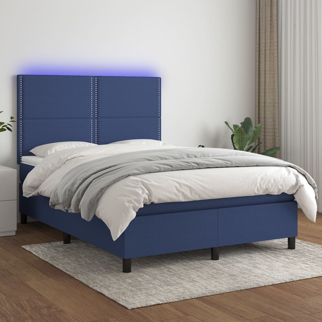 Boxspring met matras en LED stof blauw 140x200 cm – afbeelding 1