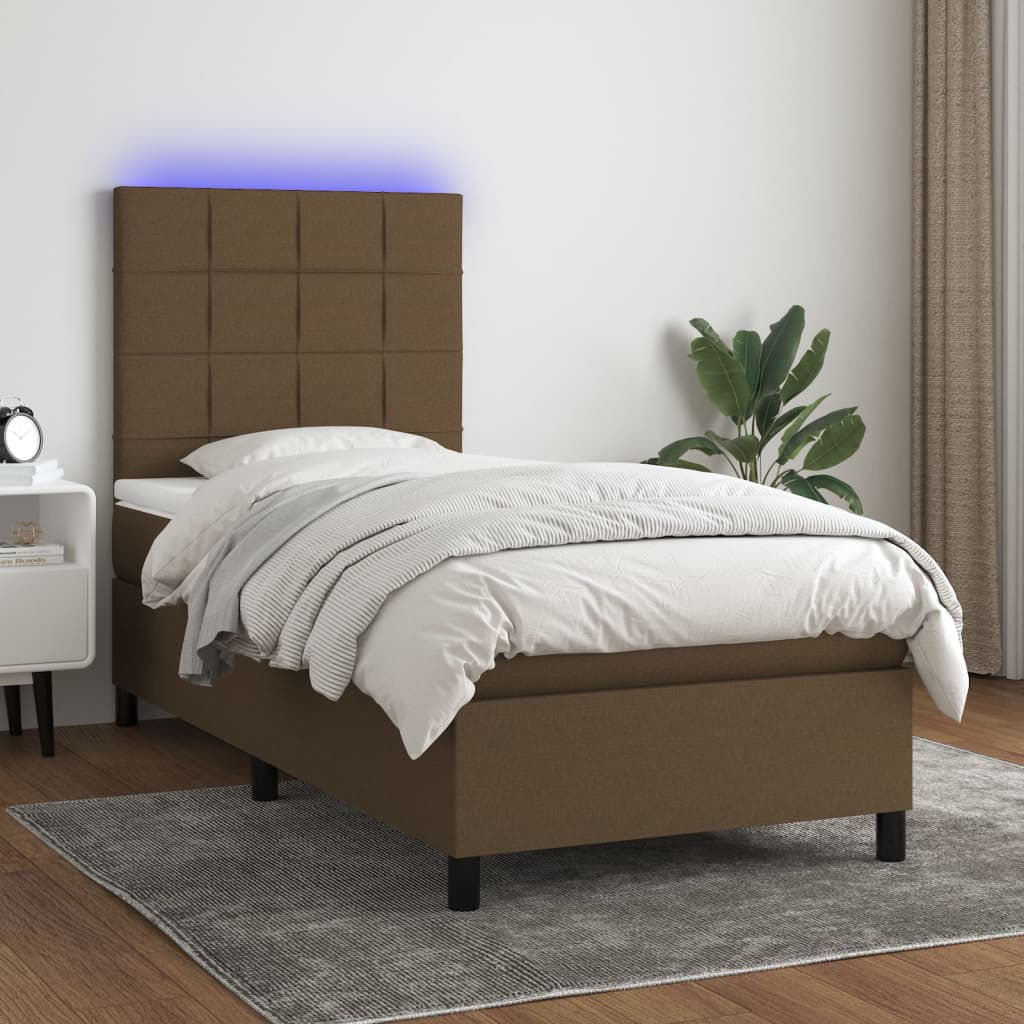 Boxspring met matras en LED stof donkerbruin 100x200 cm – afbeelding 1