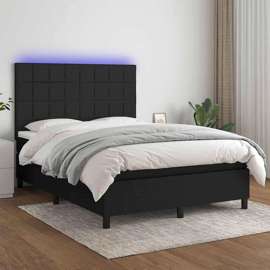 Boxspring met matras en LED stof zwart 140x190 cm – afbeelding 1