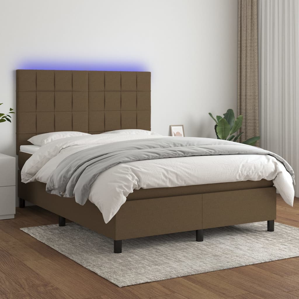 Boxspring met matras en LED stof donkerbruin 140x190 cm – afbeelding 1