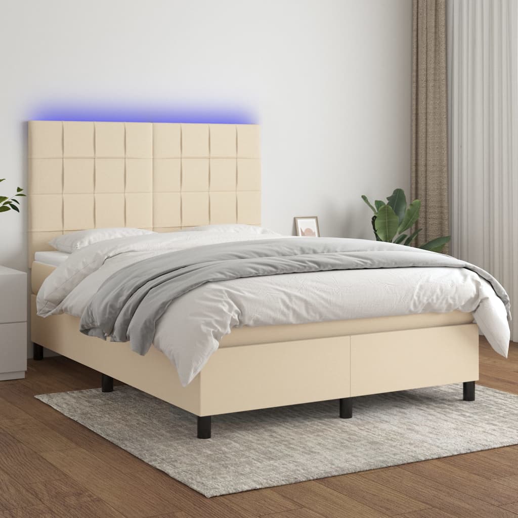Boxspring met matras en LED stof crèmekleurig 140x190 cm – afbeelding 1