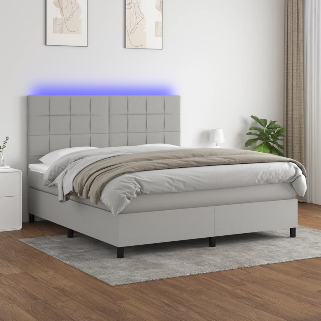 Boxspring met matras en LED stof lichtgrijs 160x200 cm – afbeelding 1