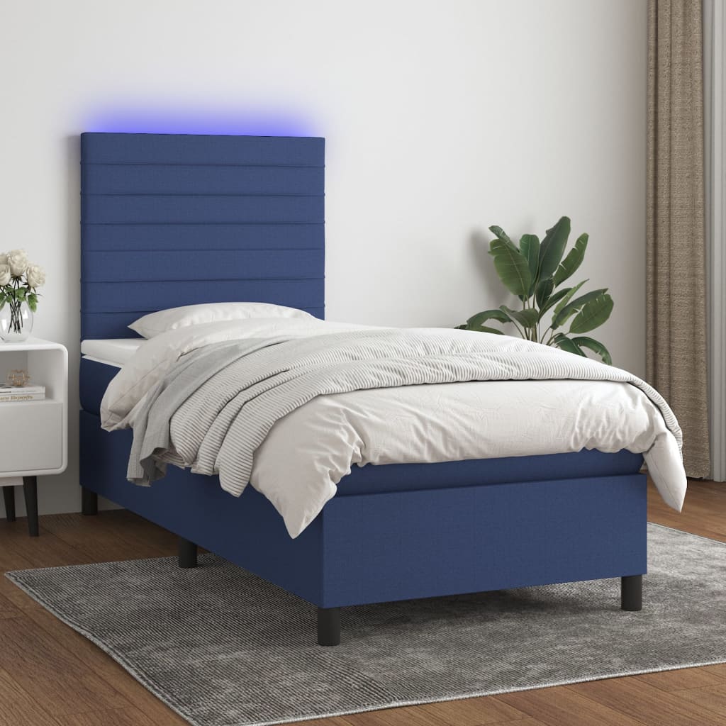 Boxspring met matras en LED stof blauw 90x200 cm – afbeelding 1