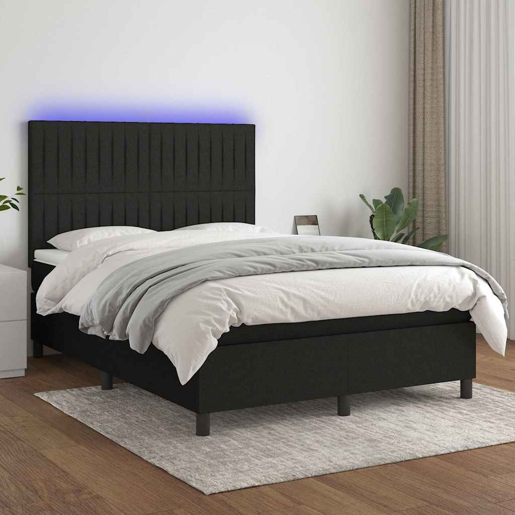 Boxspring met matras en LED stof zwart 140x190 cm – afbeelding 1