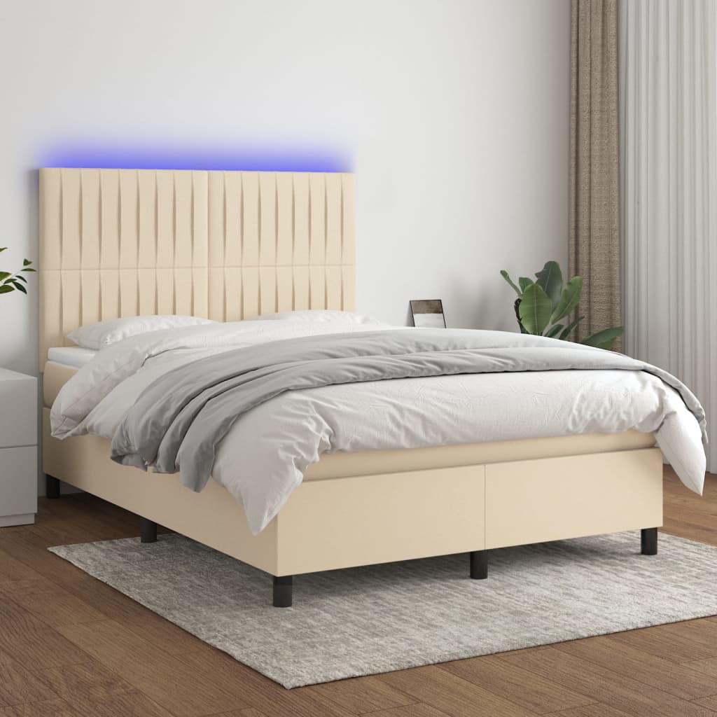 Boxspring met matras en LED stof crèmekleurig 140x200 cm – afbeelding 1