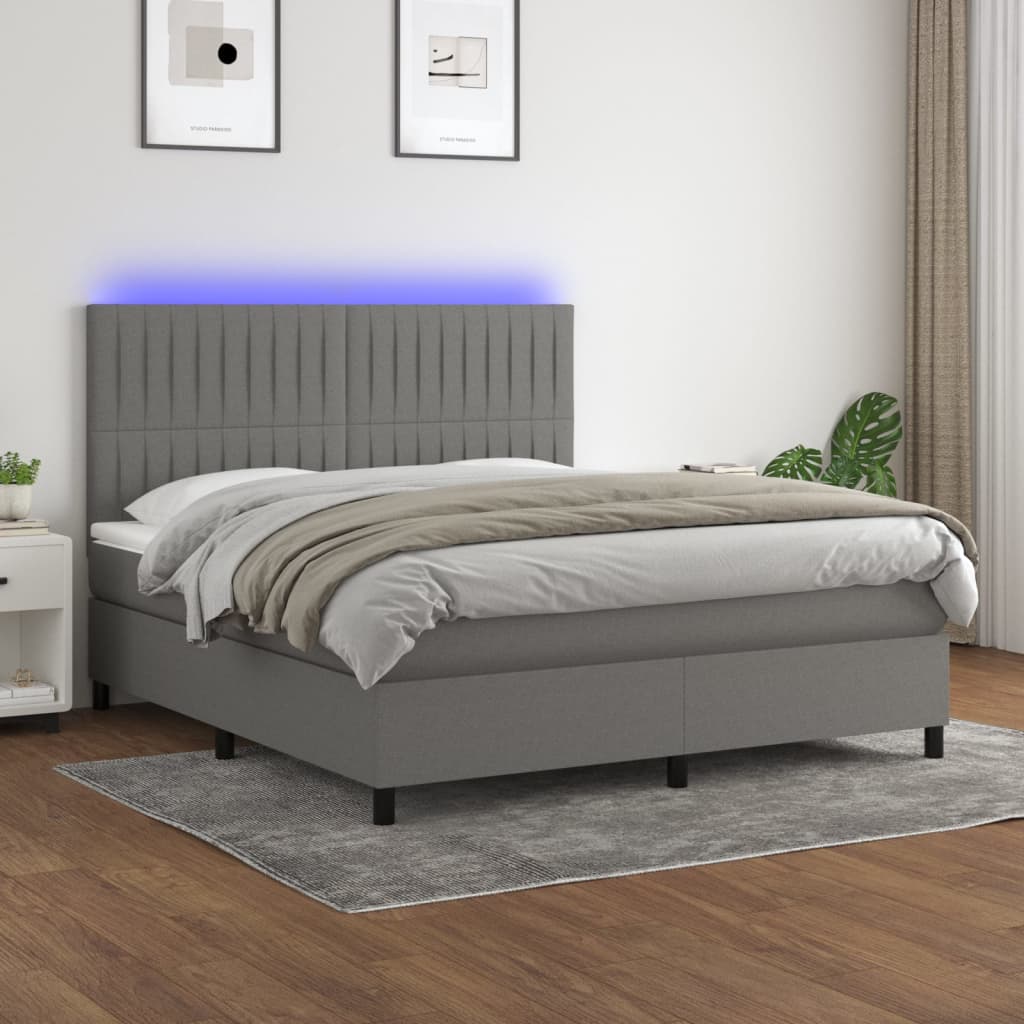 Boxspring met matras en LED stof donkergrijs 160x200 cm – afbeelding 1