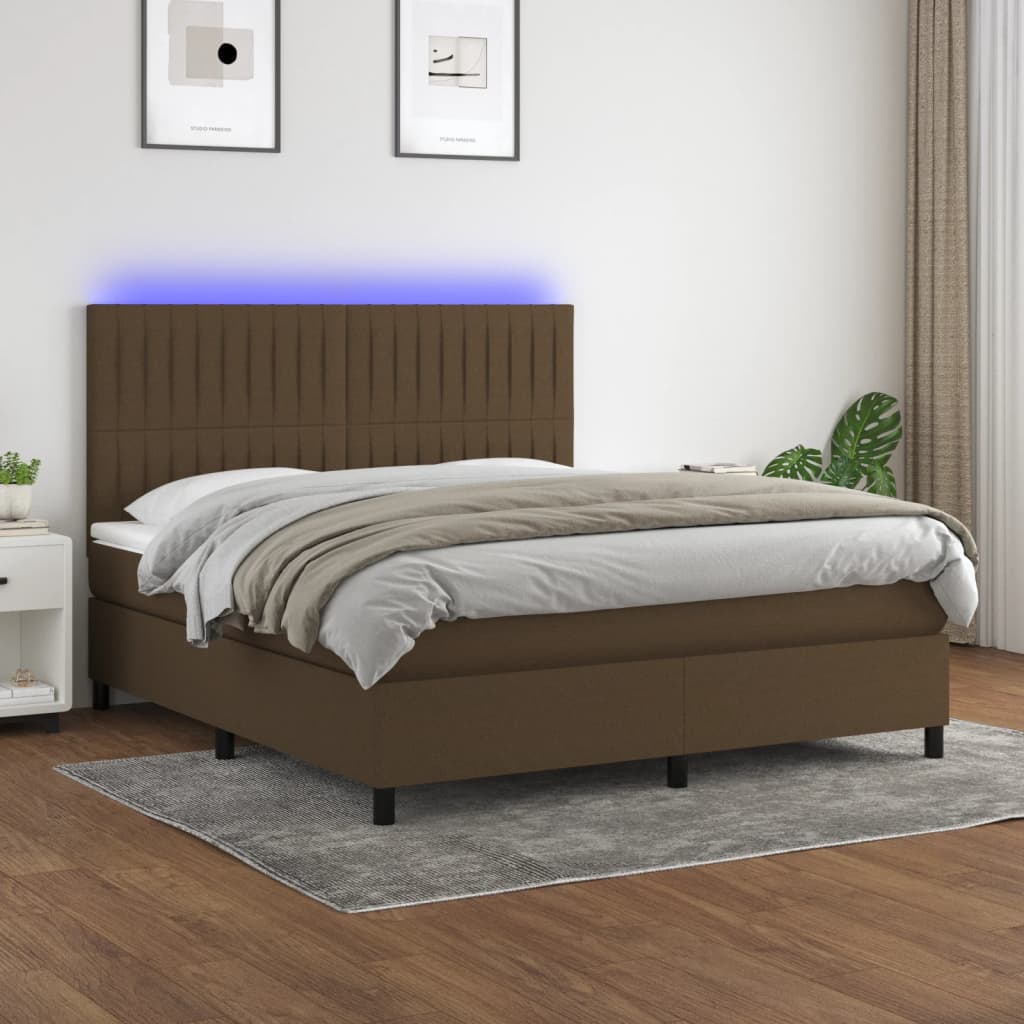 Boxspring met matras en LED stof donkerbruin 160x200 cm – afbeelding 1