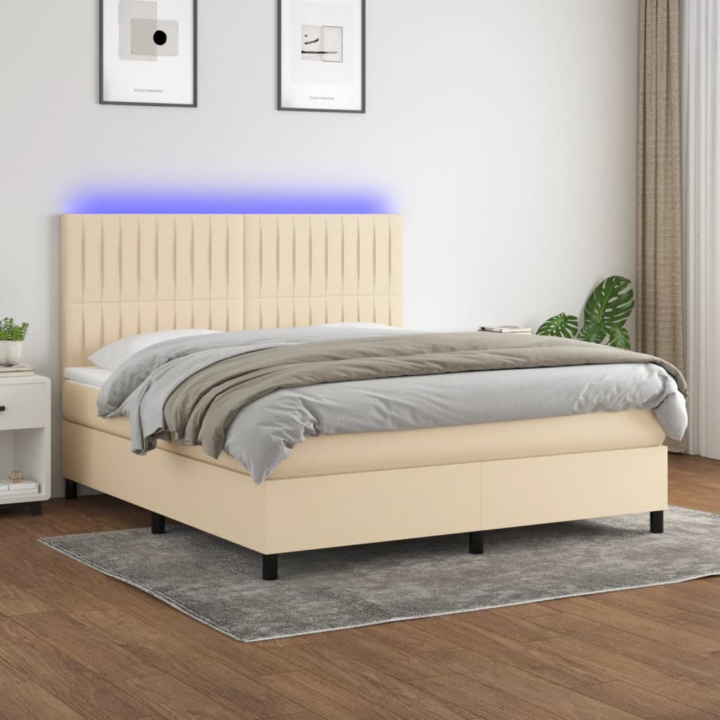 Boxspring met matras en LED stof crèmekleurig 160x200 cm – afbeelding 1