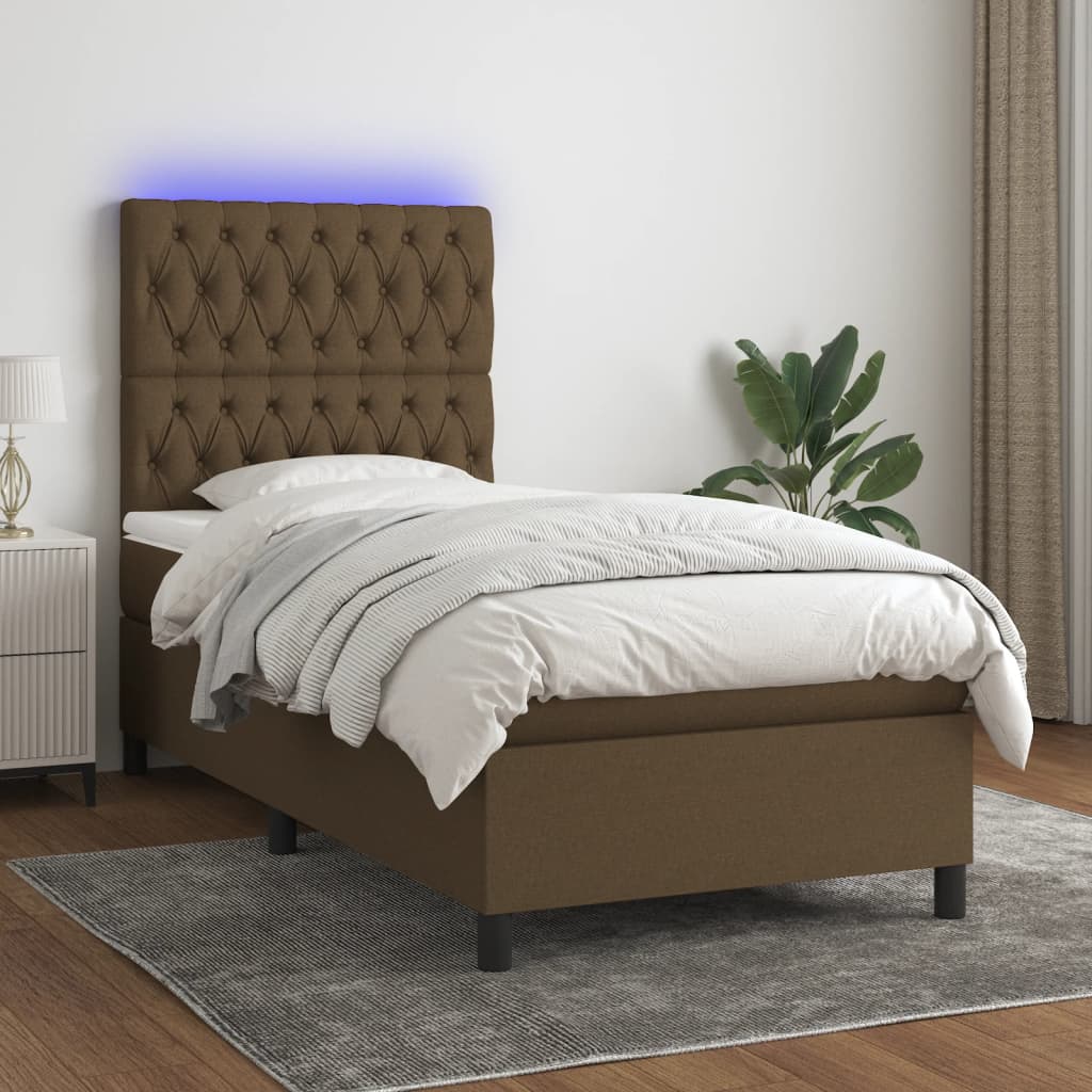Boxspring met matras en LED stof donkerbruin 90x190 cm – afbeelding 1