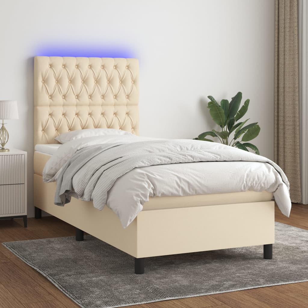 Boxspring met matras en LED stof crèmekleurig 90x190 cm – afbeelding 1