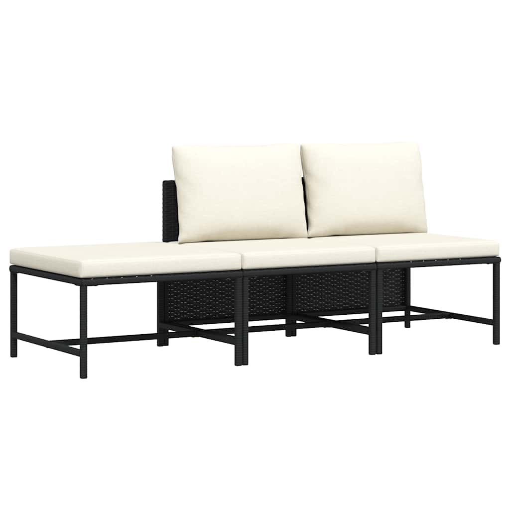 3-delige Loungeset met kussens poly rattan zwart
