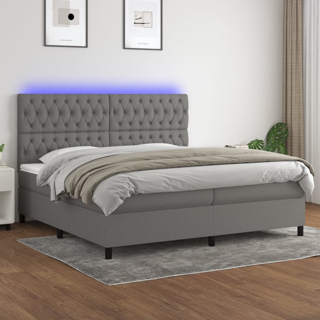 Boxspring met matras en LED stof donkergrijs 200x200 cm – afbeelding 1
