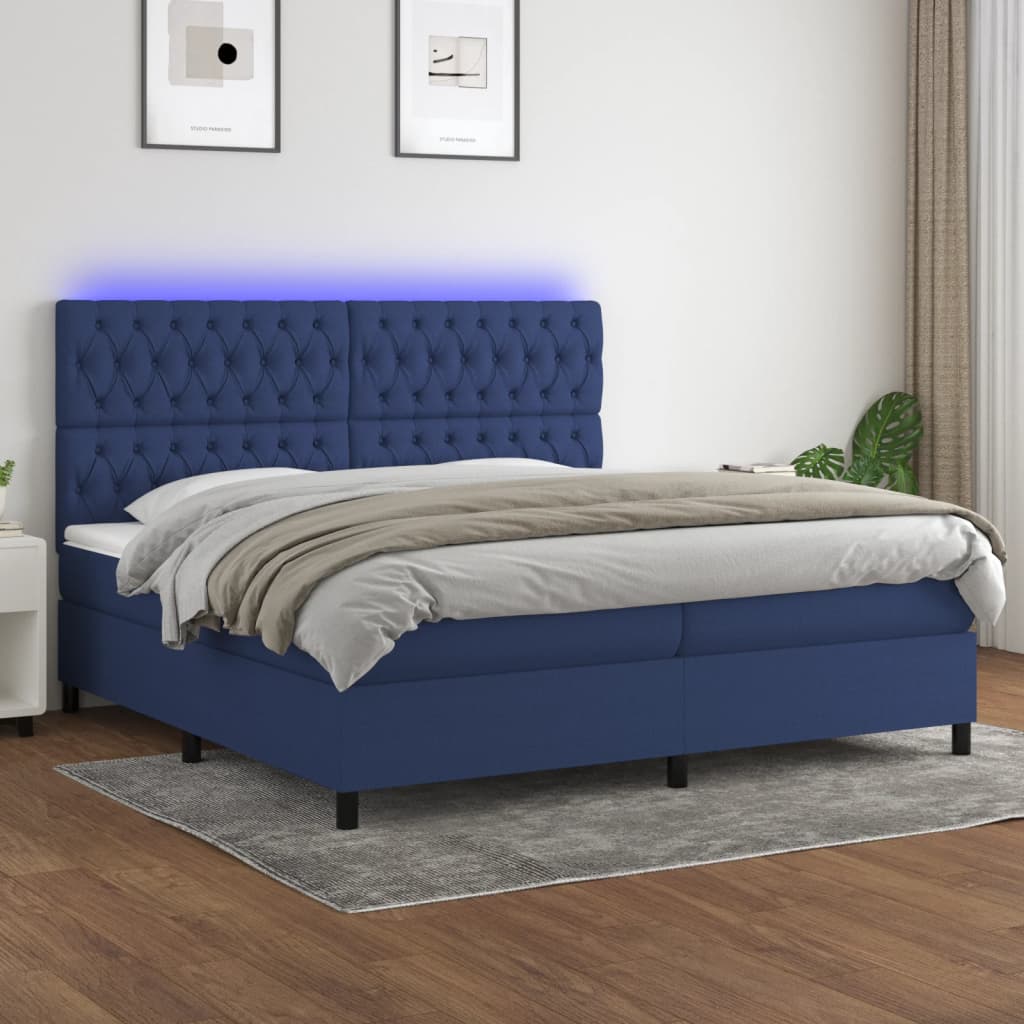 Boxspring met matras en LED stof blauw 200x200 cm – afbeelding 1