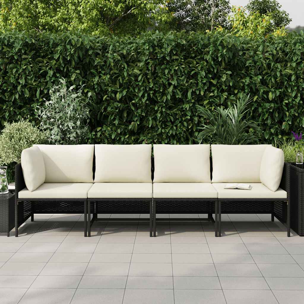 Tuinbank 4-zits met kussens poly rattan zwart – afbeelding 3