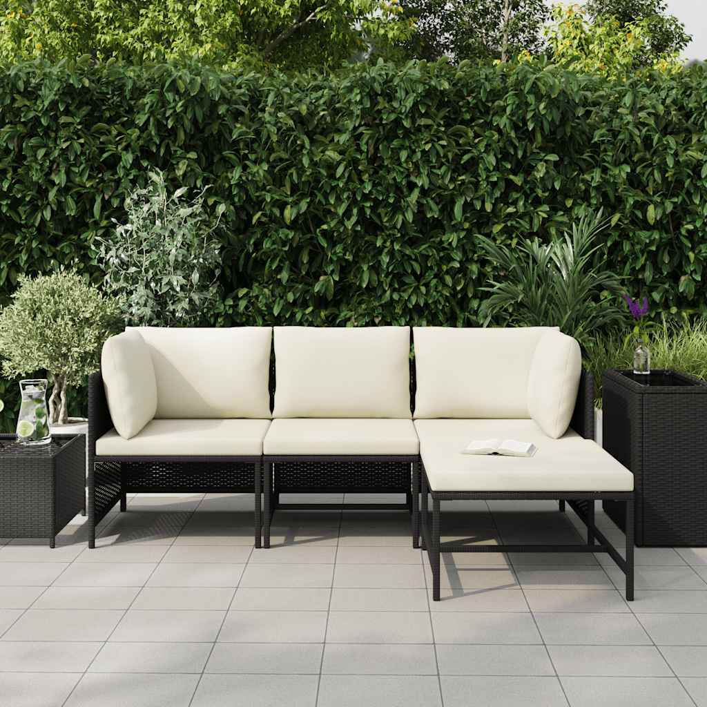 4-delige Loungeset met kussens poly rattan zwart – afbeelding 3