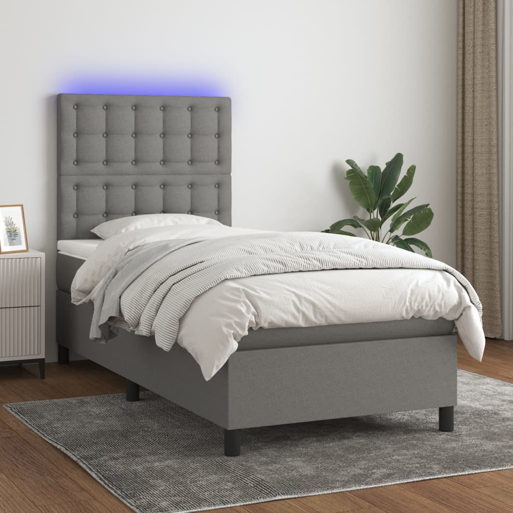 Boxspring met matras en LED stof donkergrijs 90x200 cm – afbeelding 1