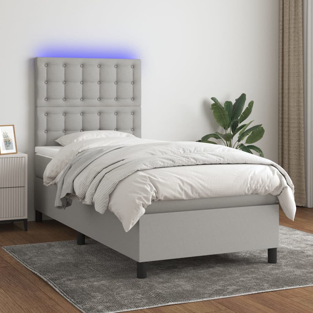 Boxspring met matras en LED stof lichtgrijs 100x200 cm – afbeelding 1