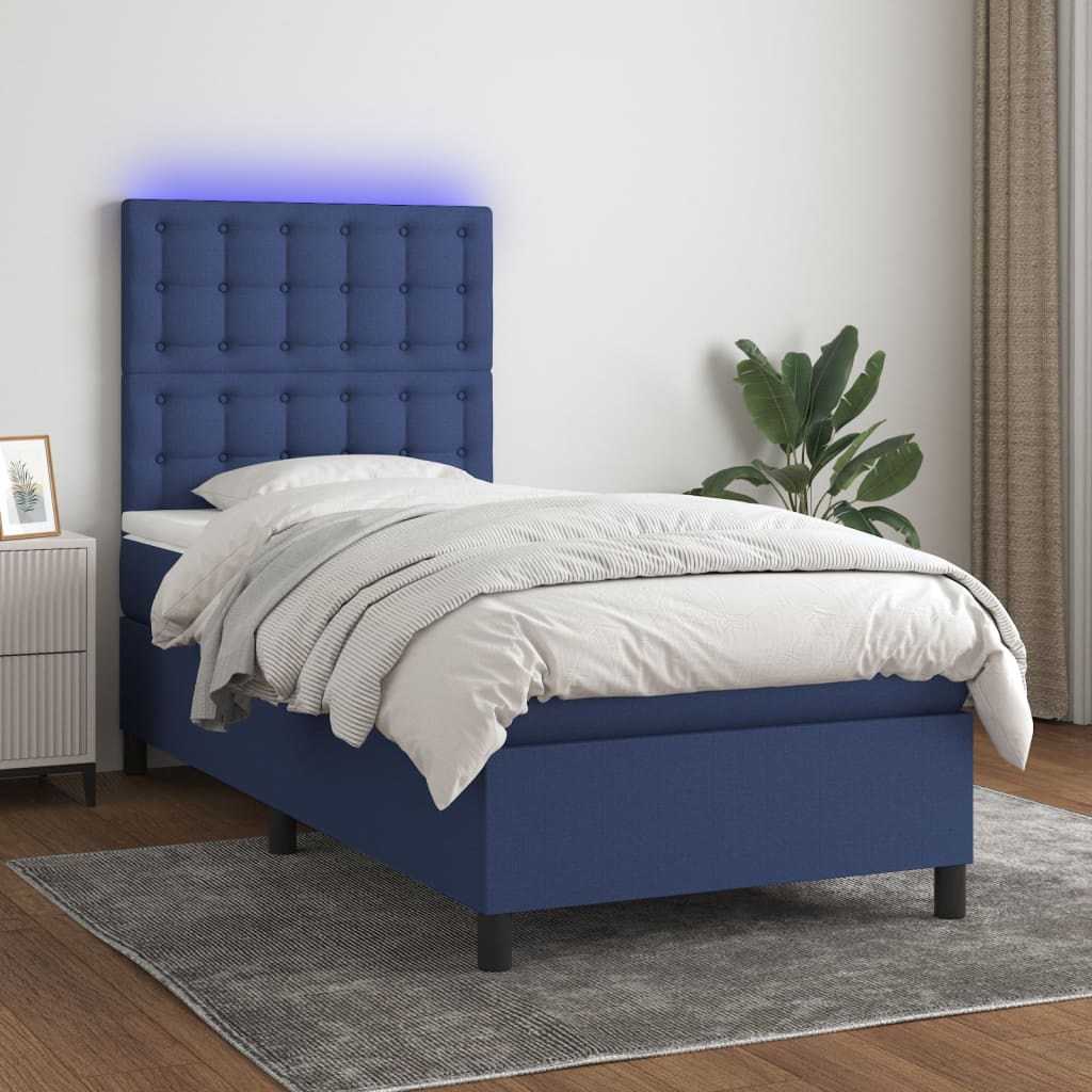 Boxspring met matras en LED stof blauw 100x200 cm – afbeelding 1