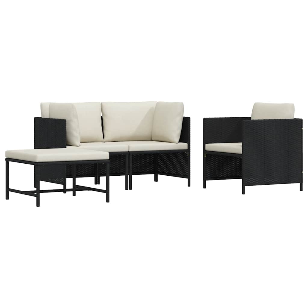 4-delige Loungeset met kussens poly rattan zwart