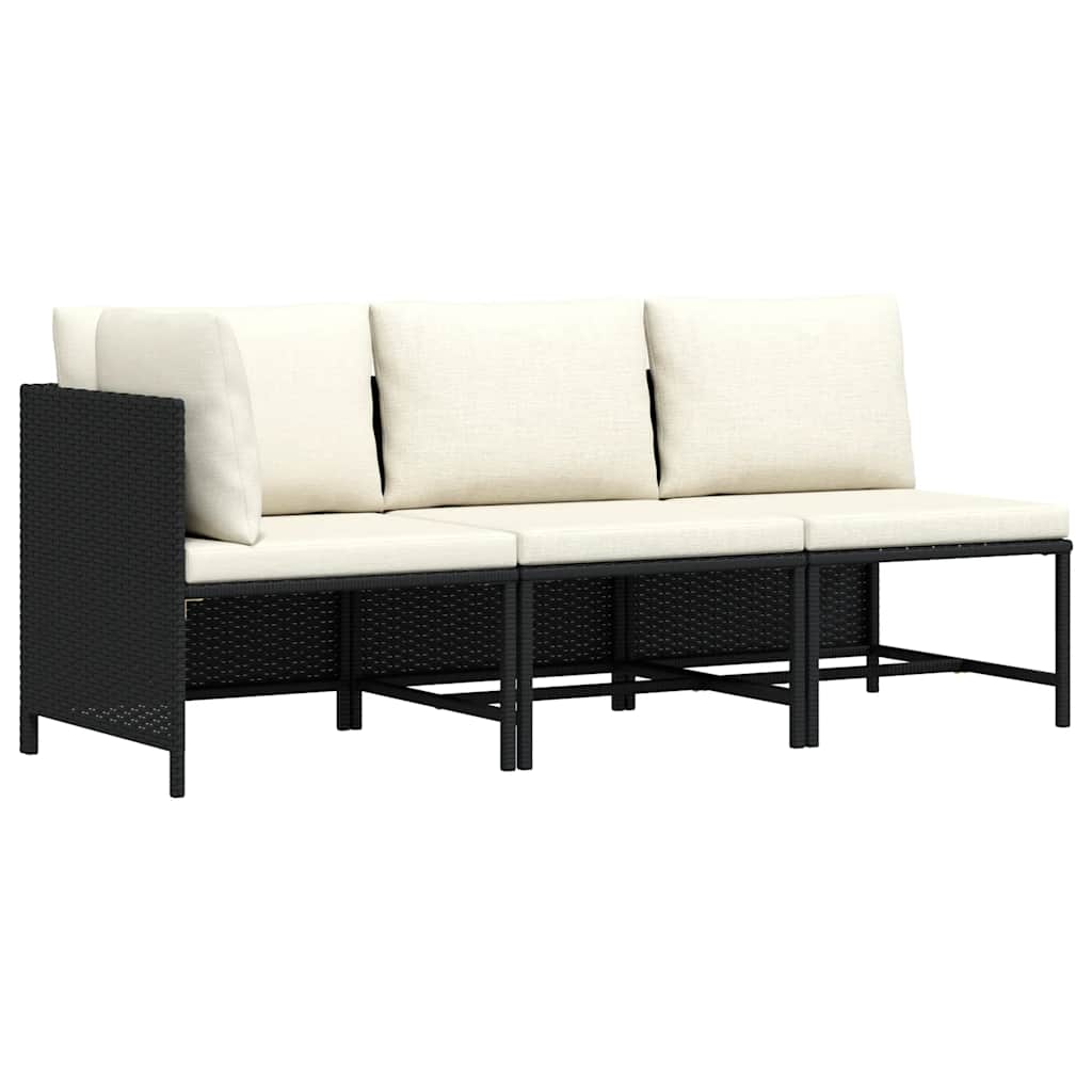 3-delige Loungeset met kussens poly rattan zwart