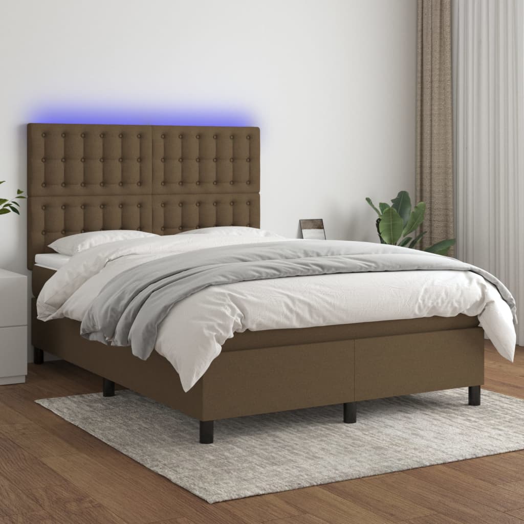 Boxspring met matras en LED stof donkerbruin 140x190 cm – afbeelding 1